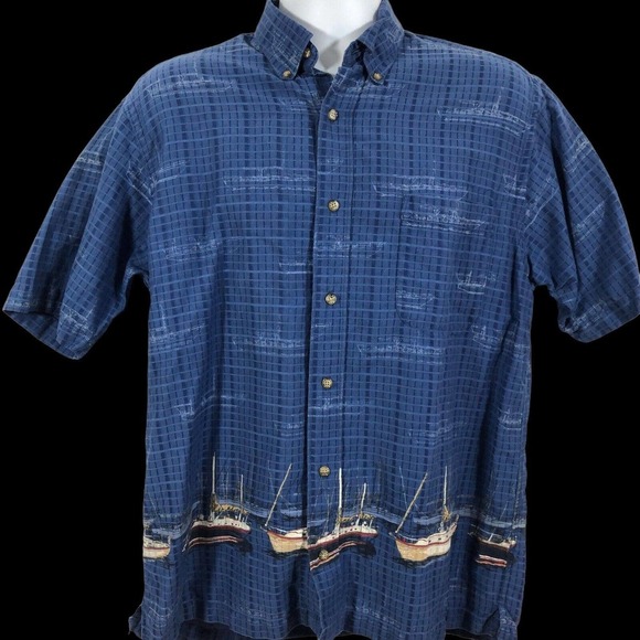 Keeler Bay Nautical Theme Ships Boats Short Sleeve Shirt blue multi Men’s Size M - Picture 3 of 7